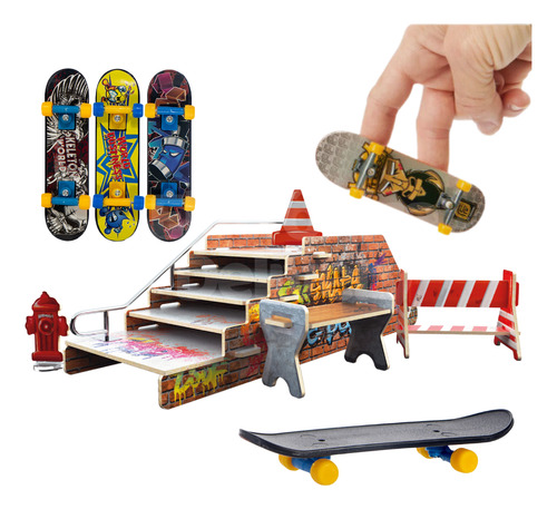 Pista Skate De Dedo Ramp Stair Iron Wood Com 3 Skates